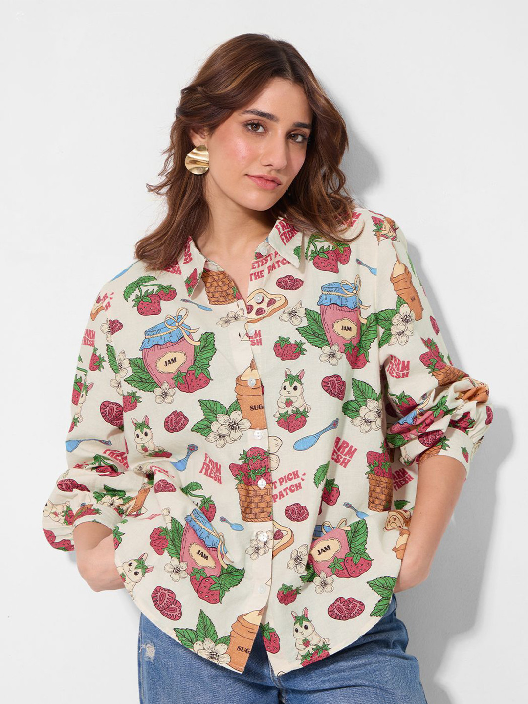 The Souled Store  Women Cotton Linen: Strawberry White Relaxed Fit Women Shirt