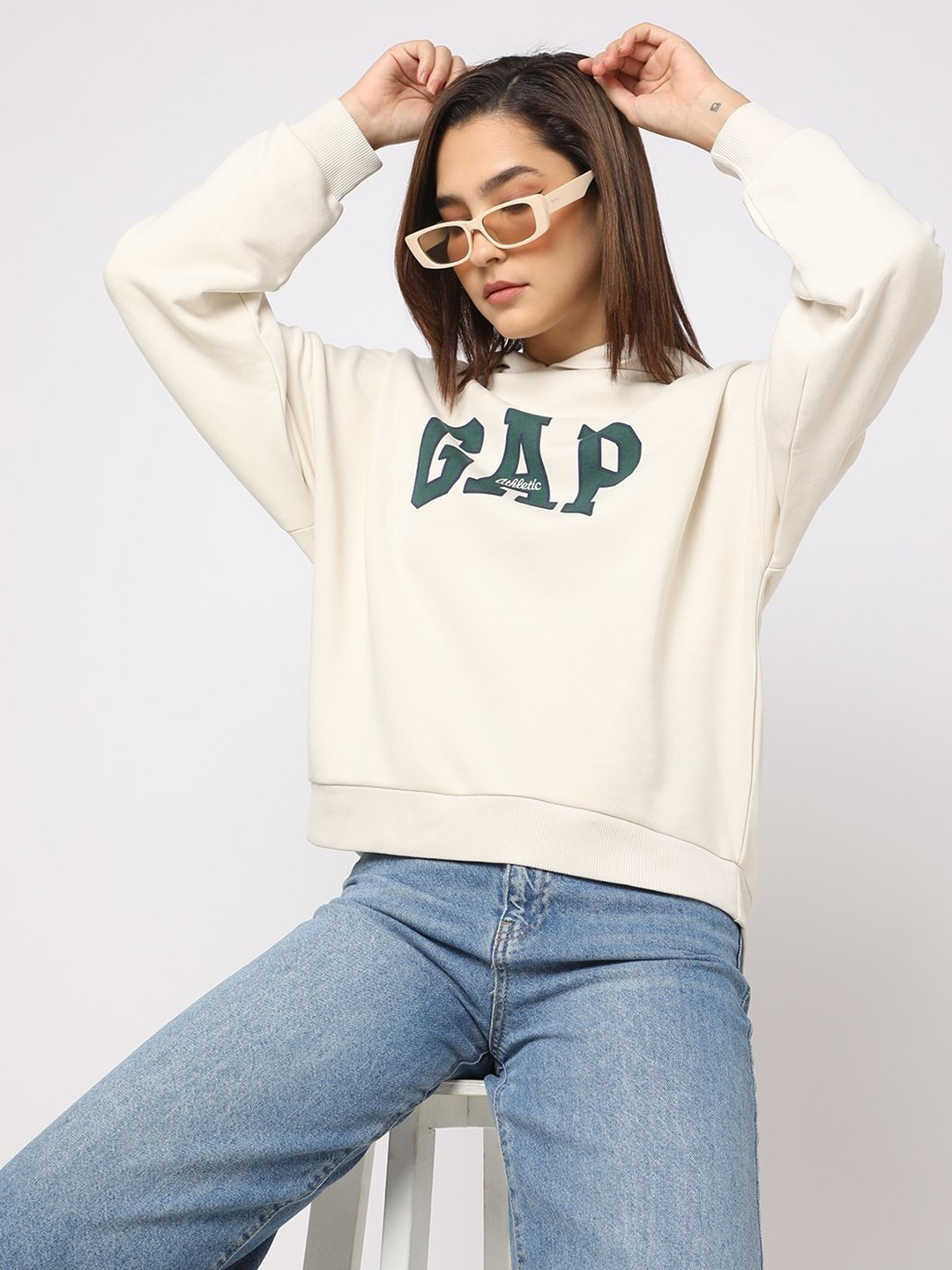 GAP Logo Printed Hooded Drop-Shoulder Sleeve Sweatshirt