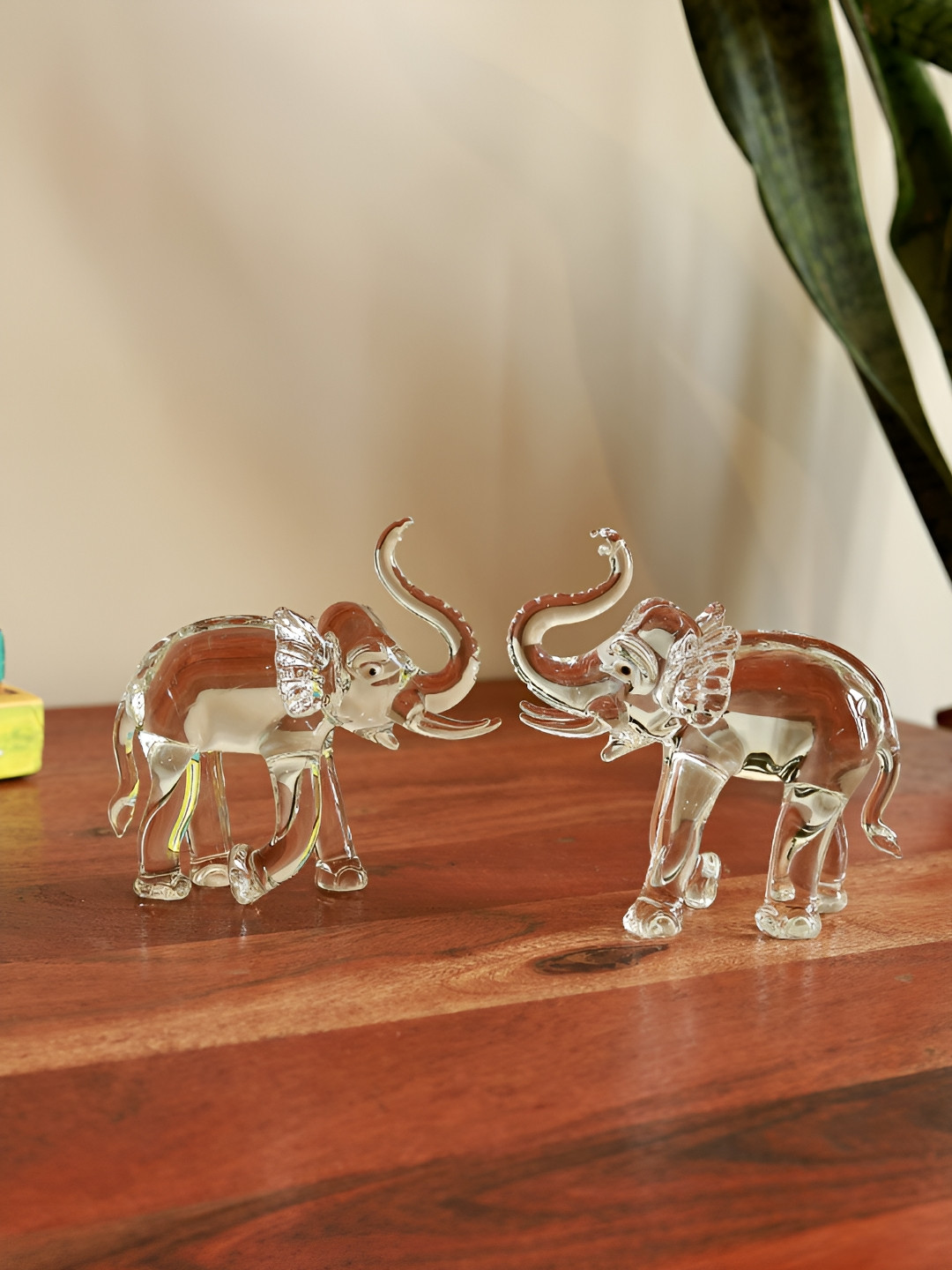 Unravel India Elephant Transparent Glass Glossy Living Room Set of 2 Small Showpieces - 4.1 Inches