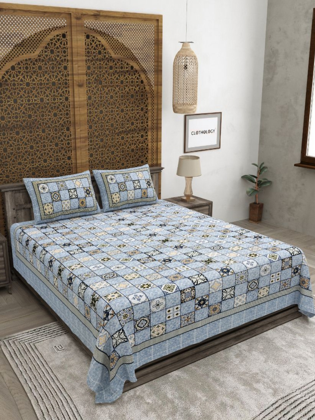 CLOTHOLOGY Hastkala Blue Geometric Cotton 180 TC King Fine Bedsheet with 2 Pillow Covers-225 x 229 cm