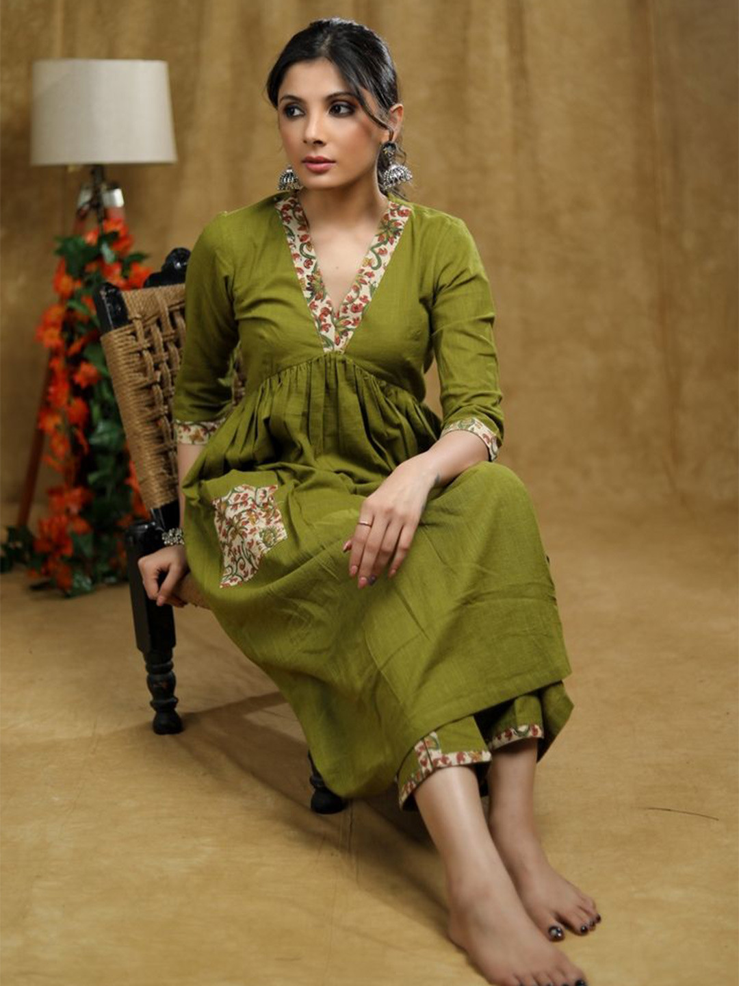 SUJATRA V-Neck Empire Cotton A-Line Kurta