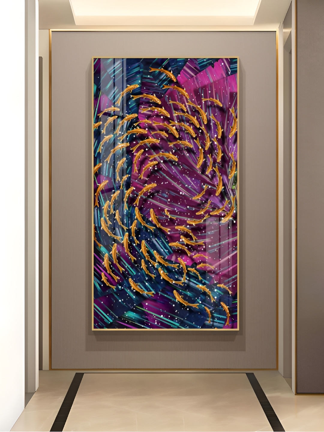 THE NEXT DECOR Blue Chromatic Fish Dance Glass Finish Vertical Wall Art