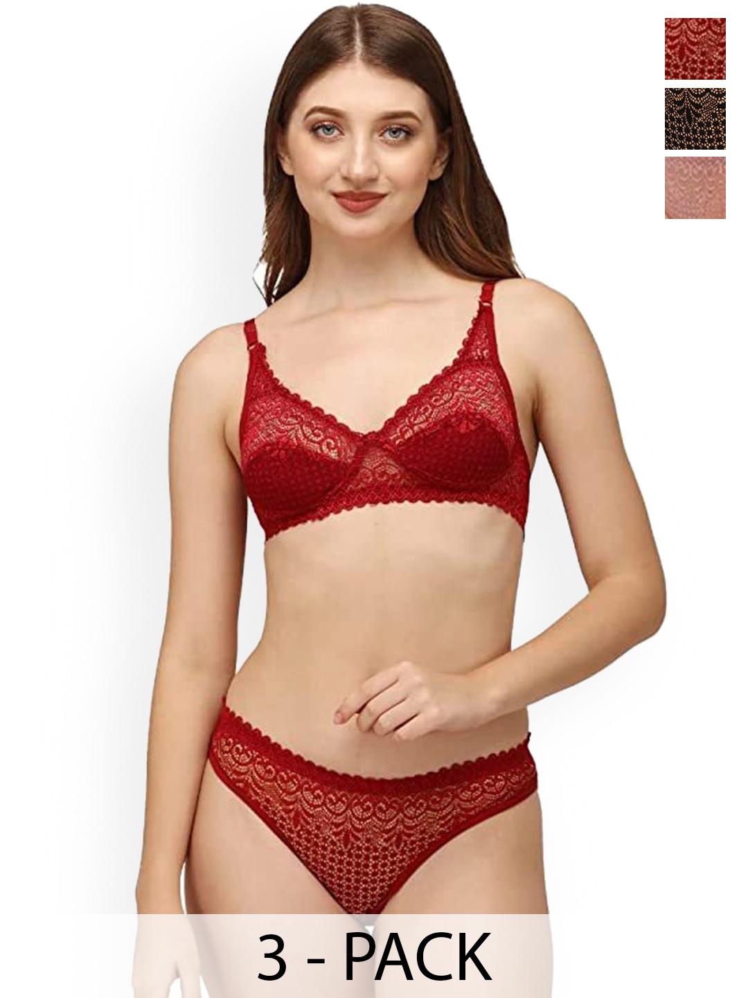 DHANDAI FASHION 3-Pcs Self Design Lingerie Sets Decent Set-Black Maroon Pink (M-1-3P)