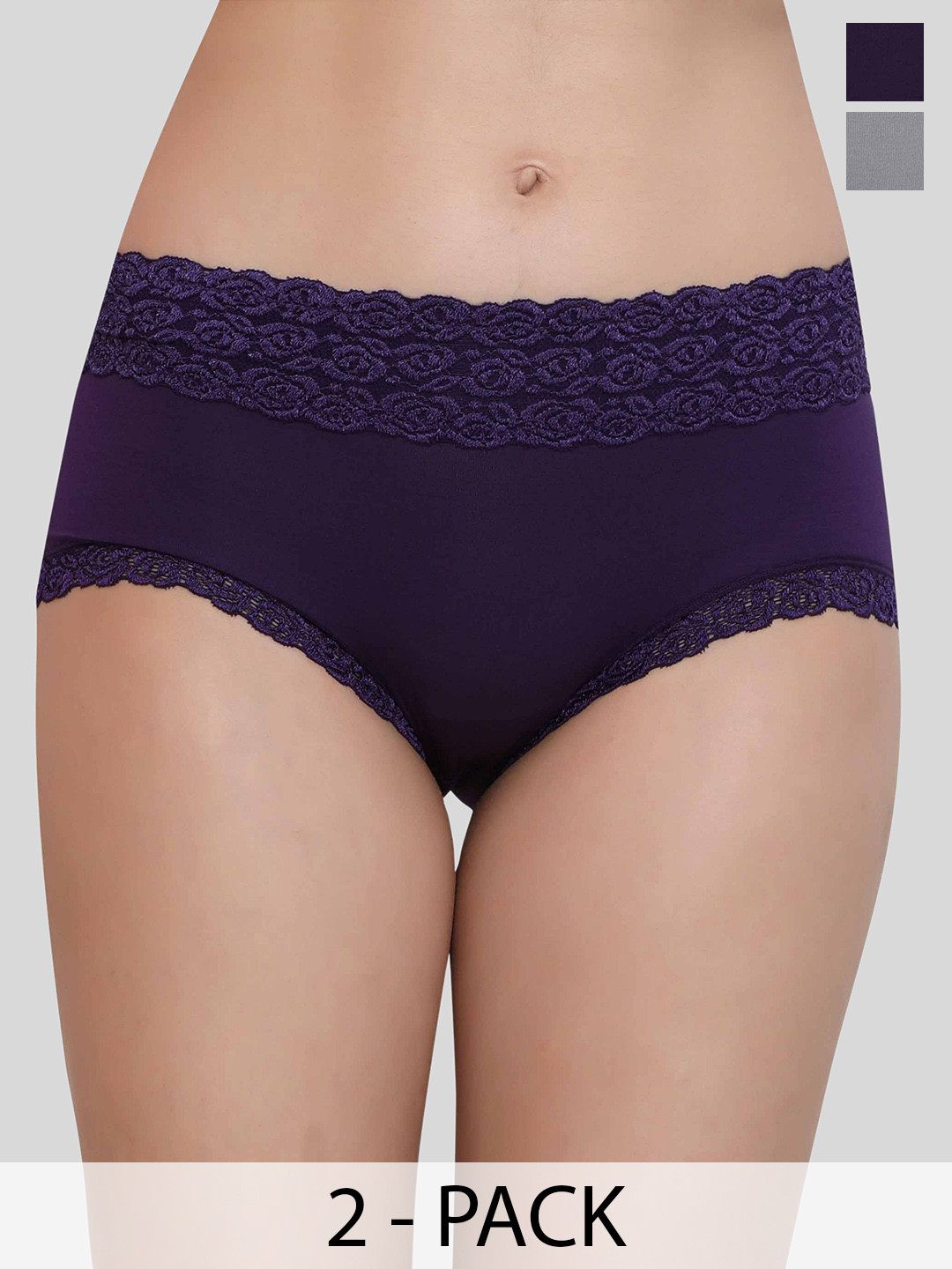 Glamoras Pack of 2 Mid-Rise Seamless Lace Trim Hipster Briefs