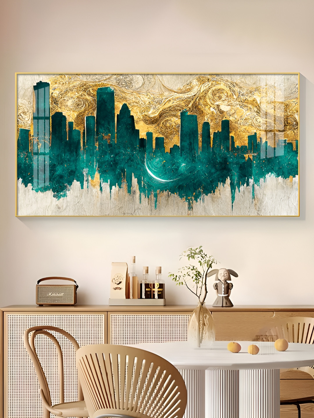 THE NEXT DECOR Blue & Yellow Urban Vista Glass Finish Horizontal Wall Art