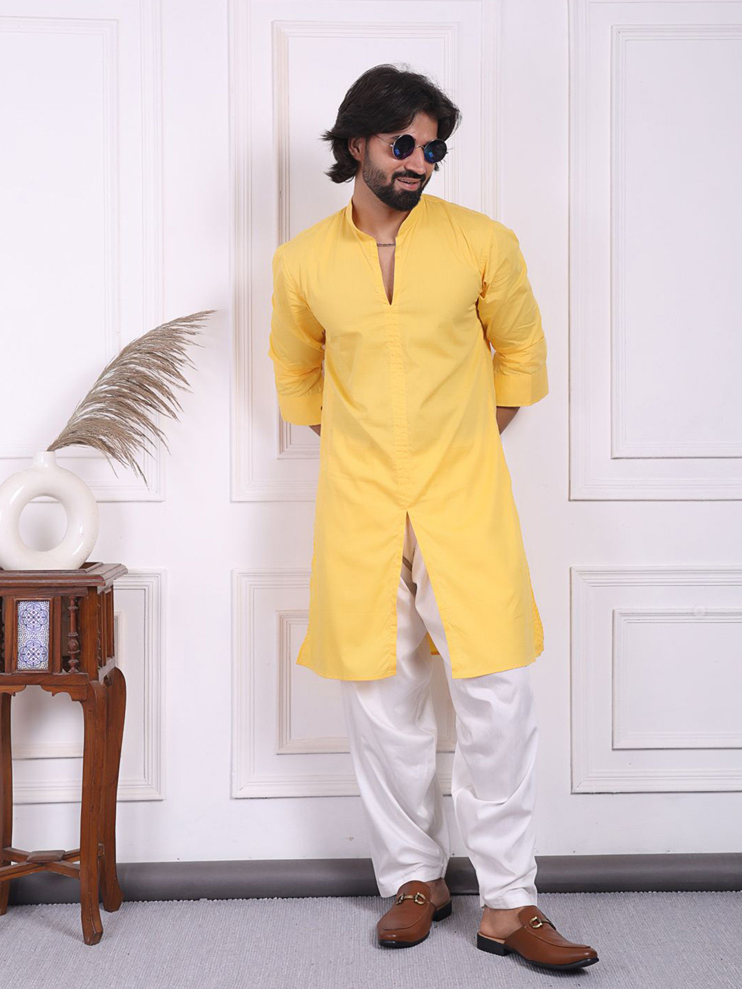 MIDAV Mandarin Collar Cuffed Sleeves Cotton Straight kurta