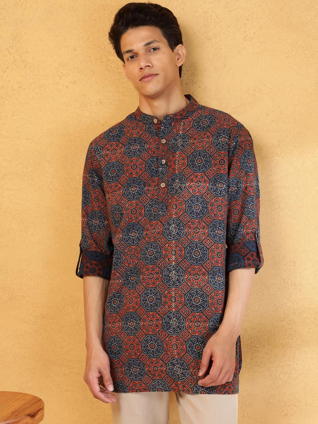 Fabindia Ethnic Motifs Ajrakh Printed Band Collar Cotton Straight Short Kurta