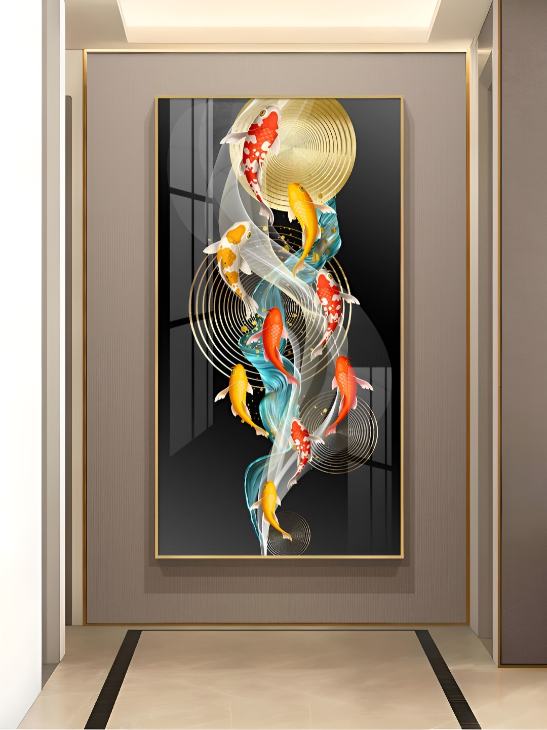 THE NEXT DECOR Black & Gold-Toned Serene Swimmers Glass Finish Vertical Wall Art