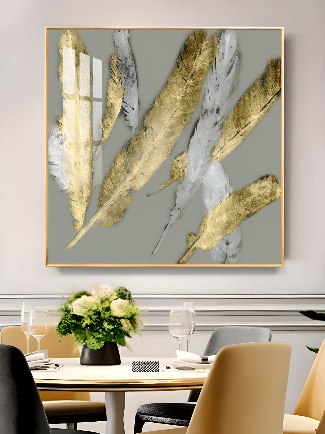 THE NEXT DECOR White Feathered Elegance Glass Finish Square Wall Art