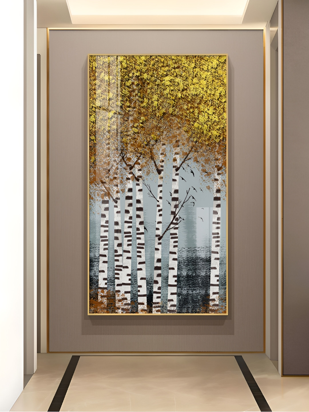 THE NEXT DECOR Gold-Toned & White Autumnal Birch Reverie Glass Finish Vertical Wall Art