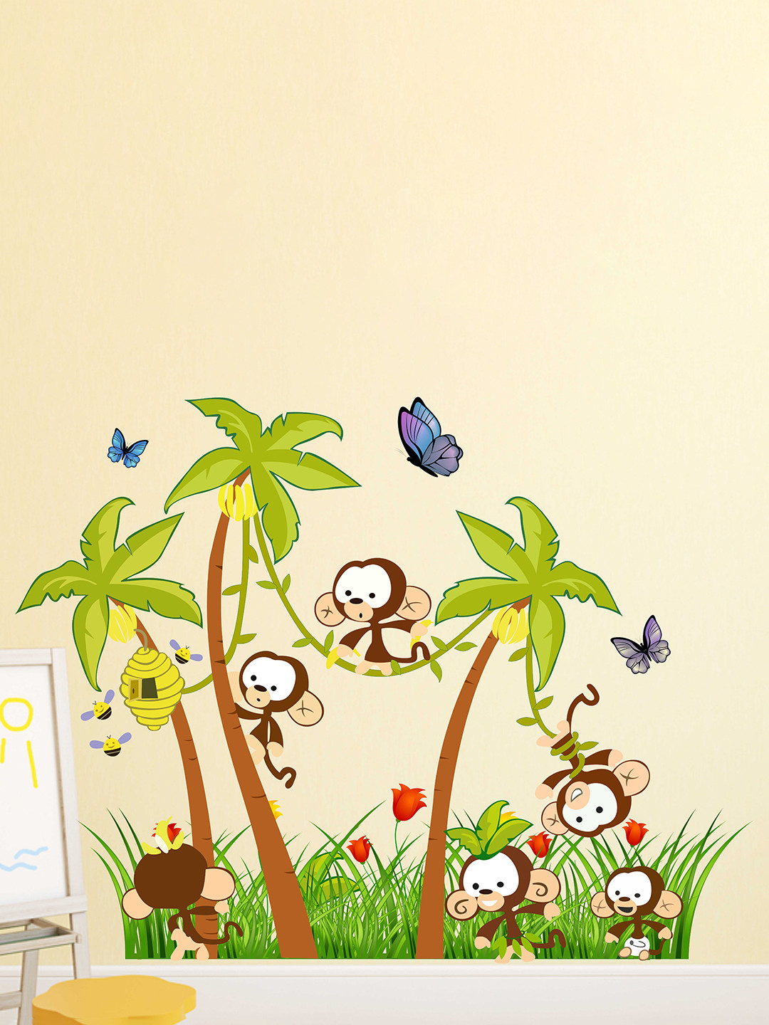 LANSTICK Green & Brown Monkey With Tree & Bees Printed Self-Adhesive WallStickers