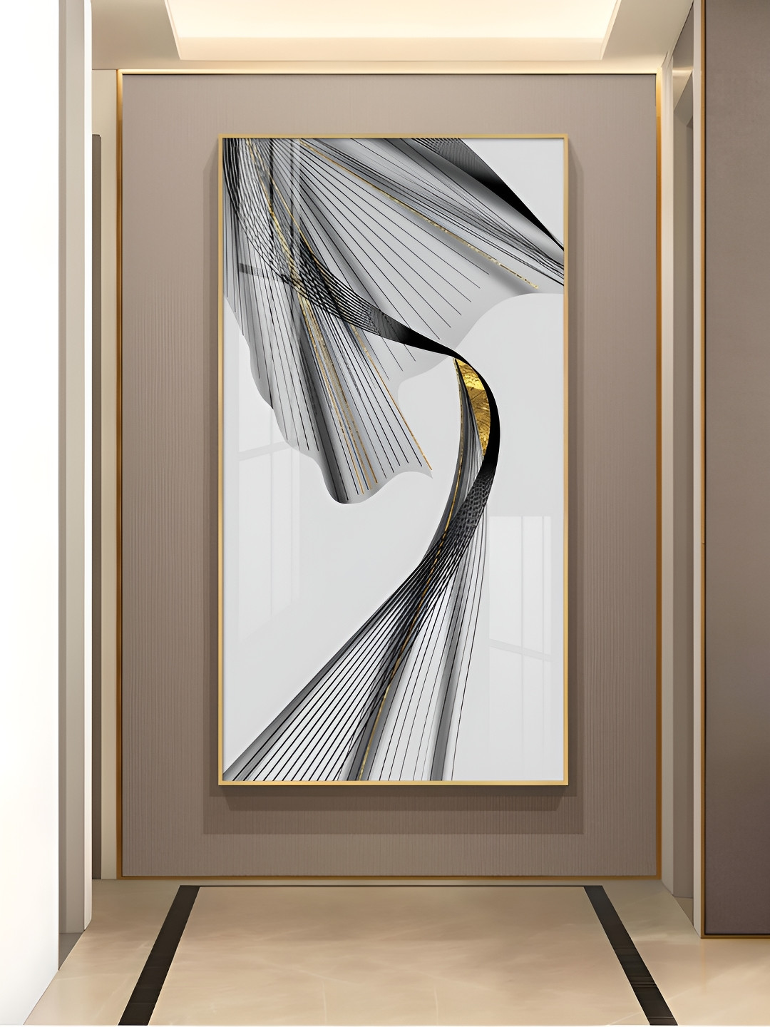 THE NEXT DECOR Black & Gold Stratum Glass Finish Vertical Wall Art