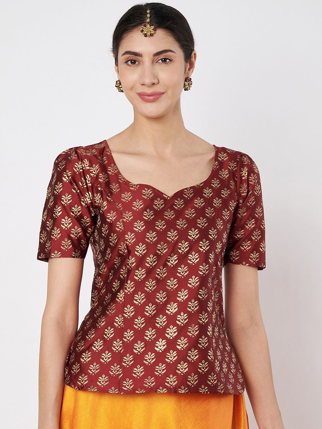 studio rasa Block Printed Sweetheart Neck Saree Blouse