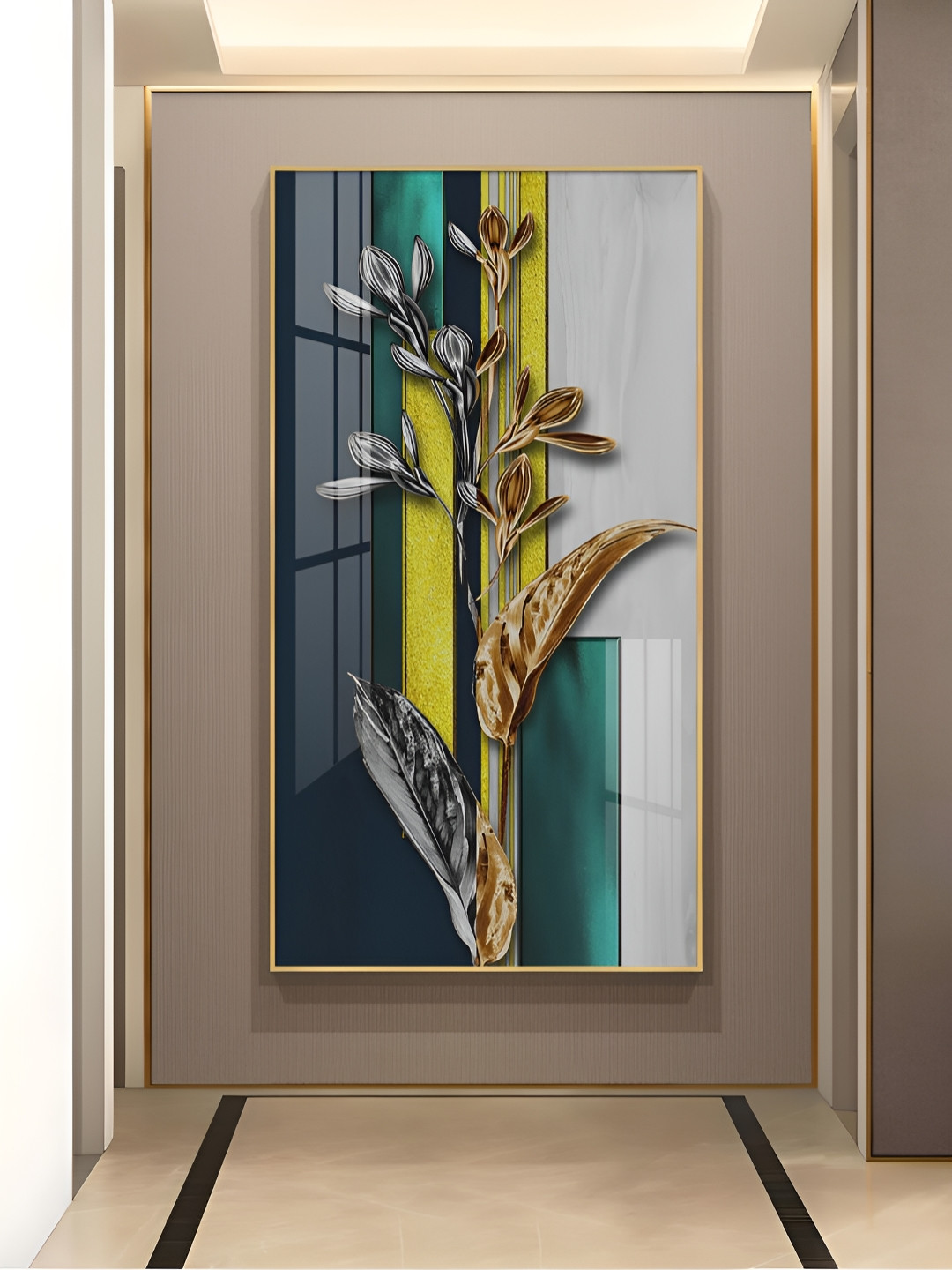 THE NEXT DECOR Gilded Floral Glass Finish Vertical Wall Art