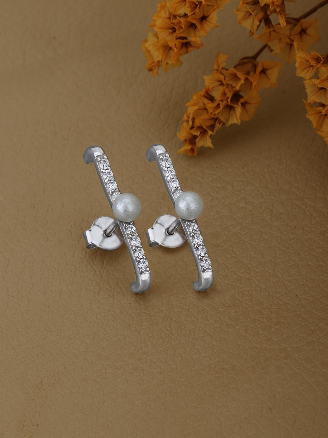 Carlton London Rhodium Plated CZ and Pearl  Ear Jacket Earring