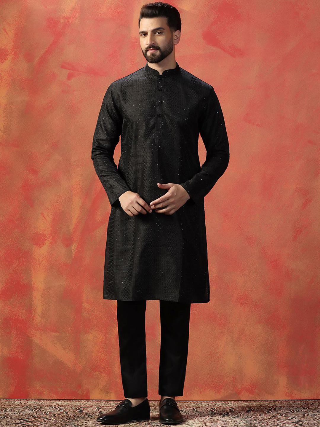 Prakatha Geometric Embroidered Mandarin Collar Sequinned Straight Kurta With Trouser