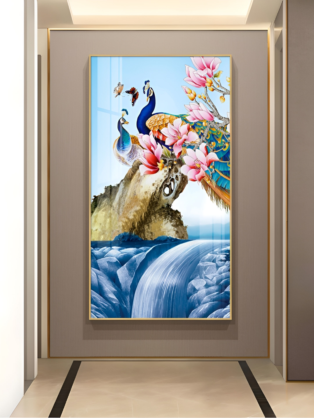 THE NEXT DECOR Peacock Amidst Floral Waters Wood Rectangle Paintings Wall Art - 12 x 24In