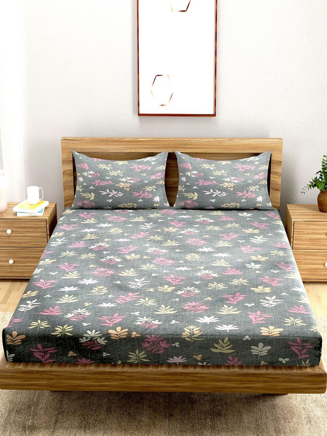 A Homes Grace Grey Floral Microfiber Breathable 144 TC Fitted Double Bedsheet with 2 Pillow Covers-90 x 100 inches