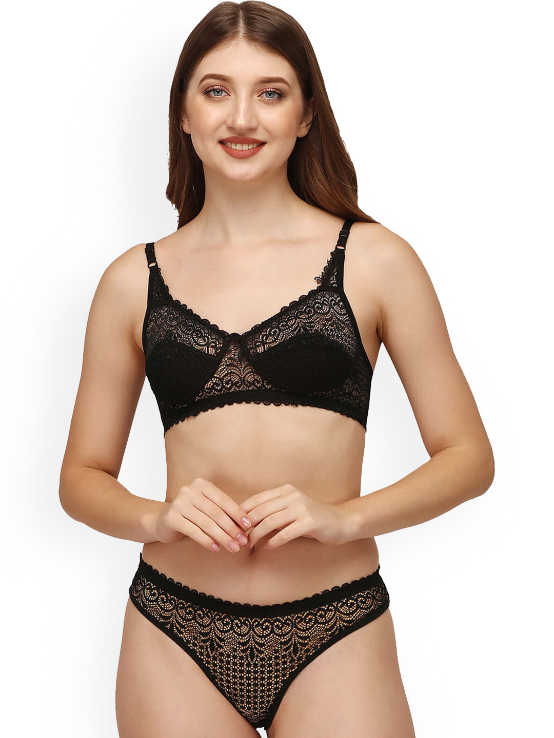 DHANDAI FASHION 3-Pcs Self Design Lingerie Sets Decent Set-Black (M-1-3P)