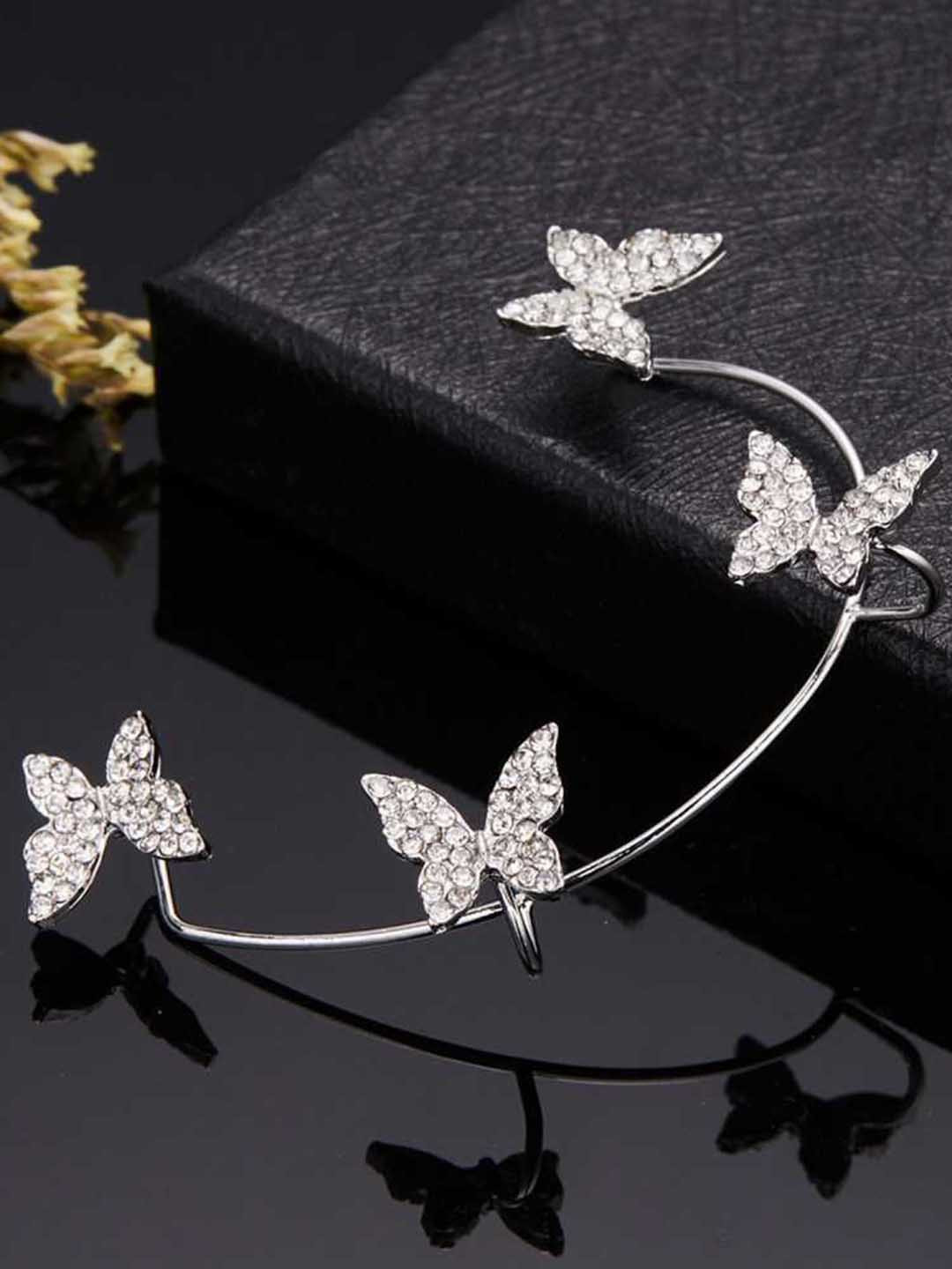 Bling Queen Stainless Steel Cubic Zirconia Studded Quirky Shaped Ear Cuff Earrings
