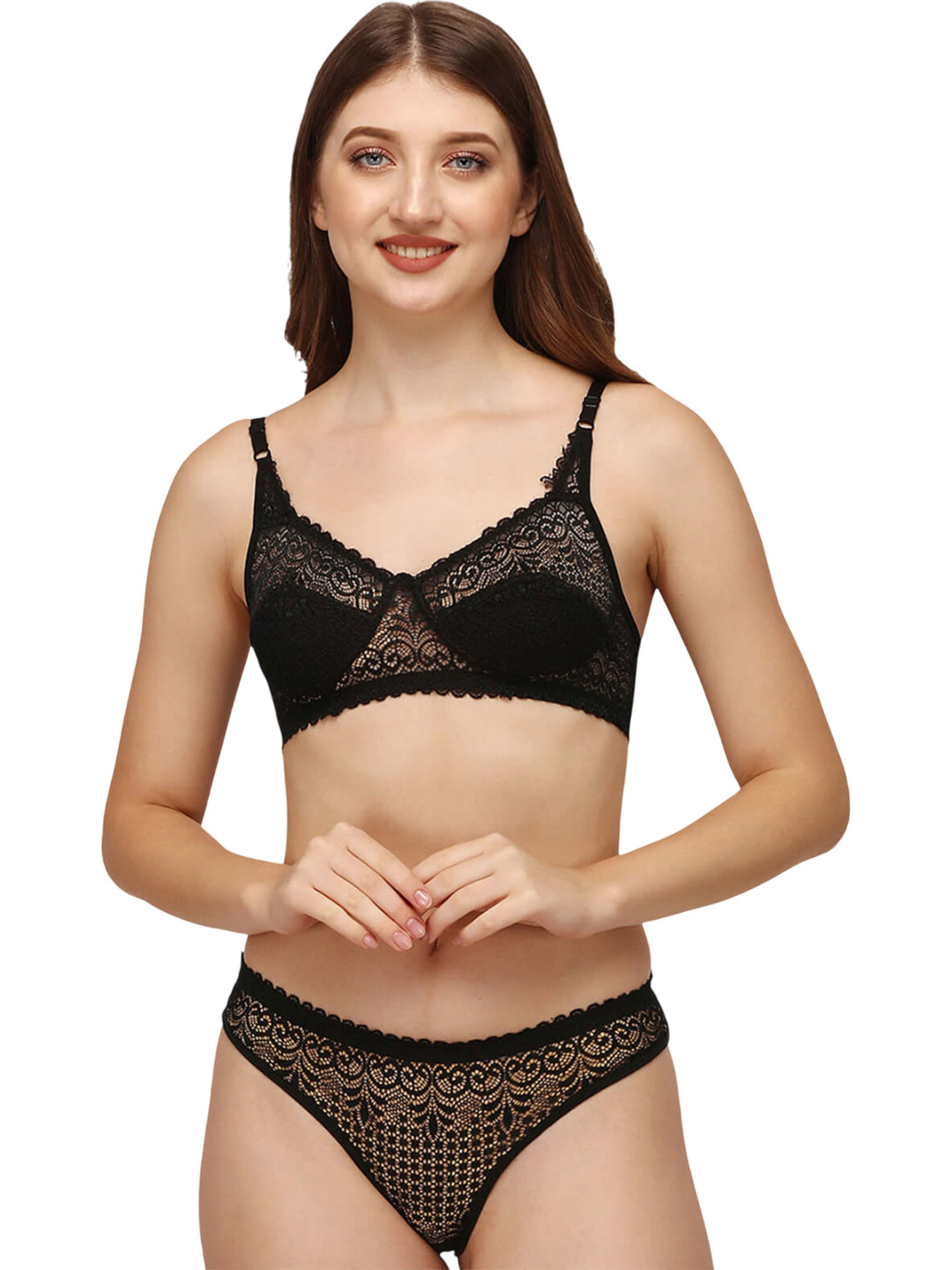 DHANDAI FASHION 4-Pcs Self Design Lingerie Sets Decent Set-Black (M-1-4P)