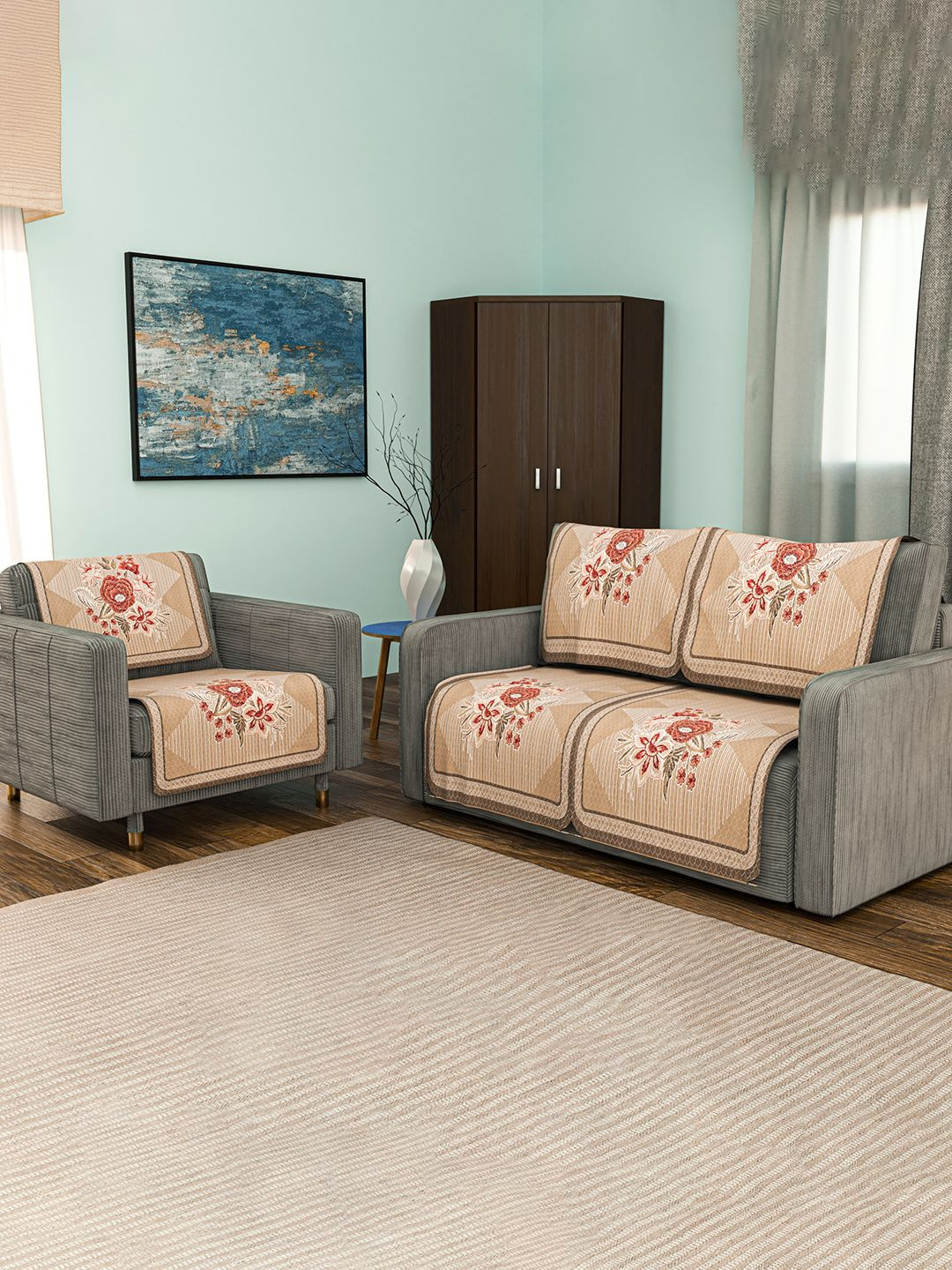 Kuber Industries 6 Pcs Brown & Red Printed Cotton Sofa Covers 2+1 Seater