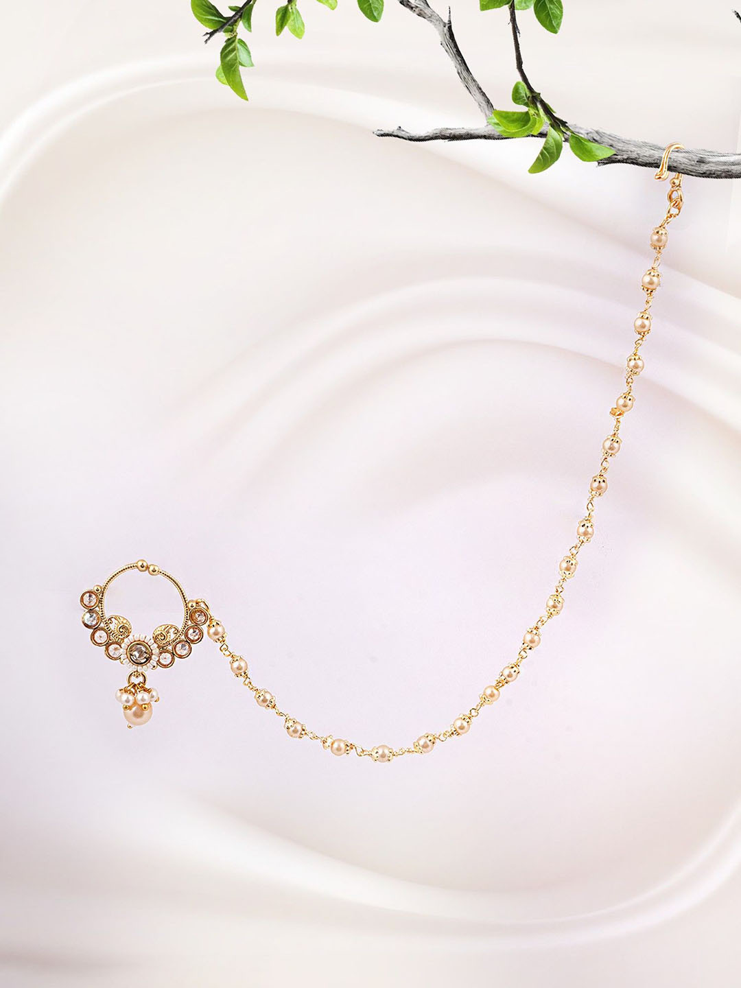 Adwitiya Collection Gold-Plated Kundan Studded Traditional Curry Design Chained Nose Ring