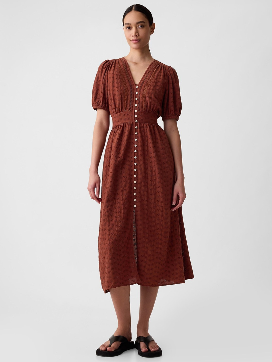 GAP Embroidered Schiffli Detail Midi Fit & Flare Pure Cotton Dress with Mock Buttons