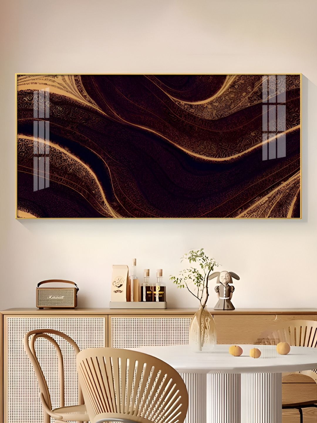 THE NEXT DECOR Golden Rhythm Wave Glass Finish Horizontal Wall Art