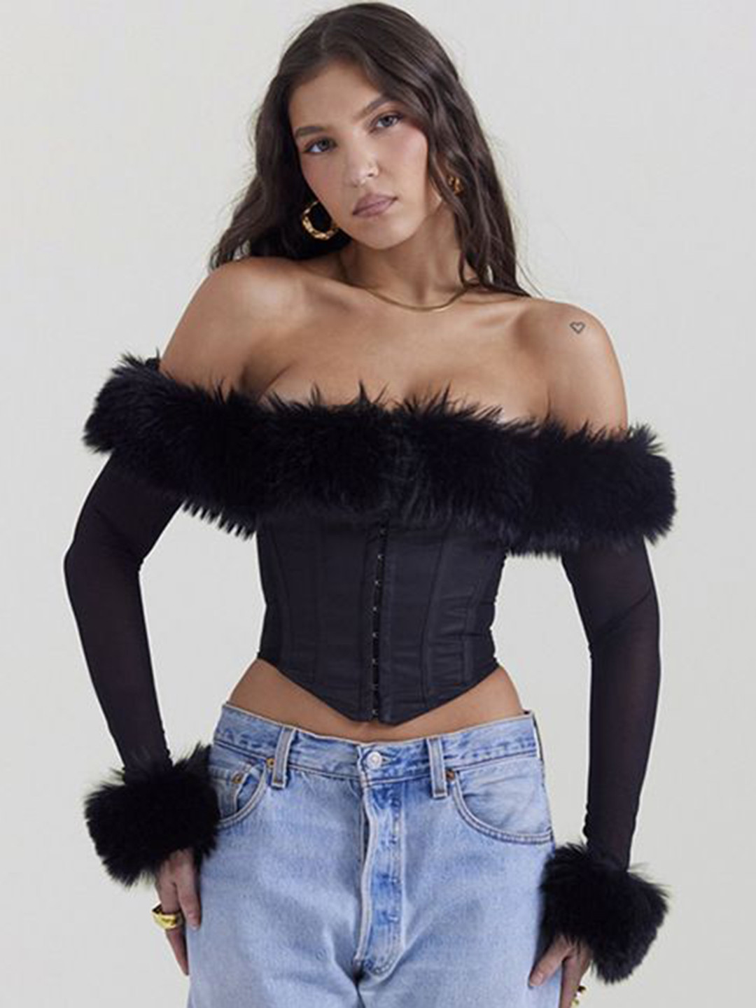 bebe Black Fur Off-Shoulder Full Sleeve Corset Crop Top