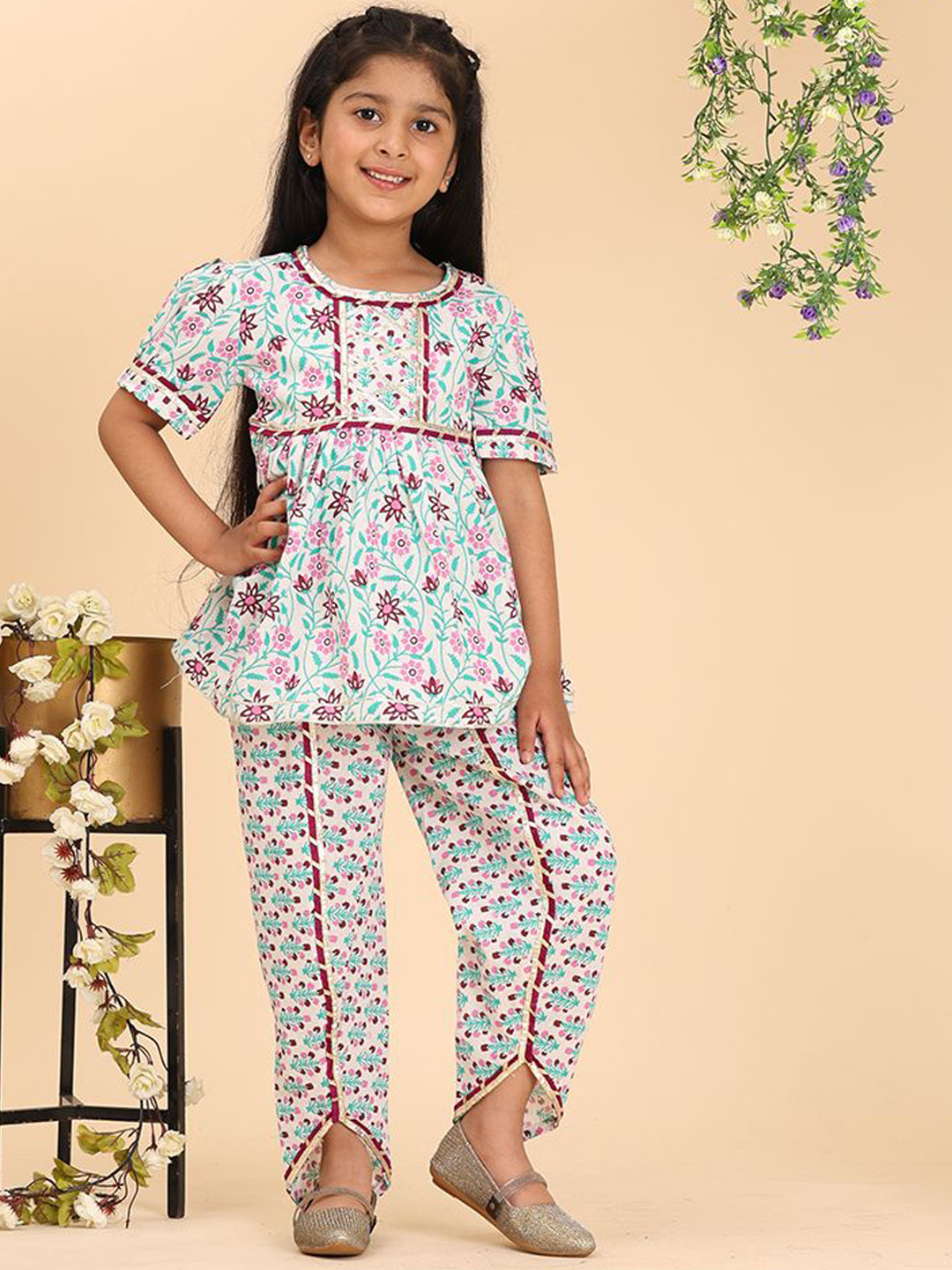 Cutiekins Girls Floral Printed Pleated Gotta Patti Kurti with Dhoti Pants