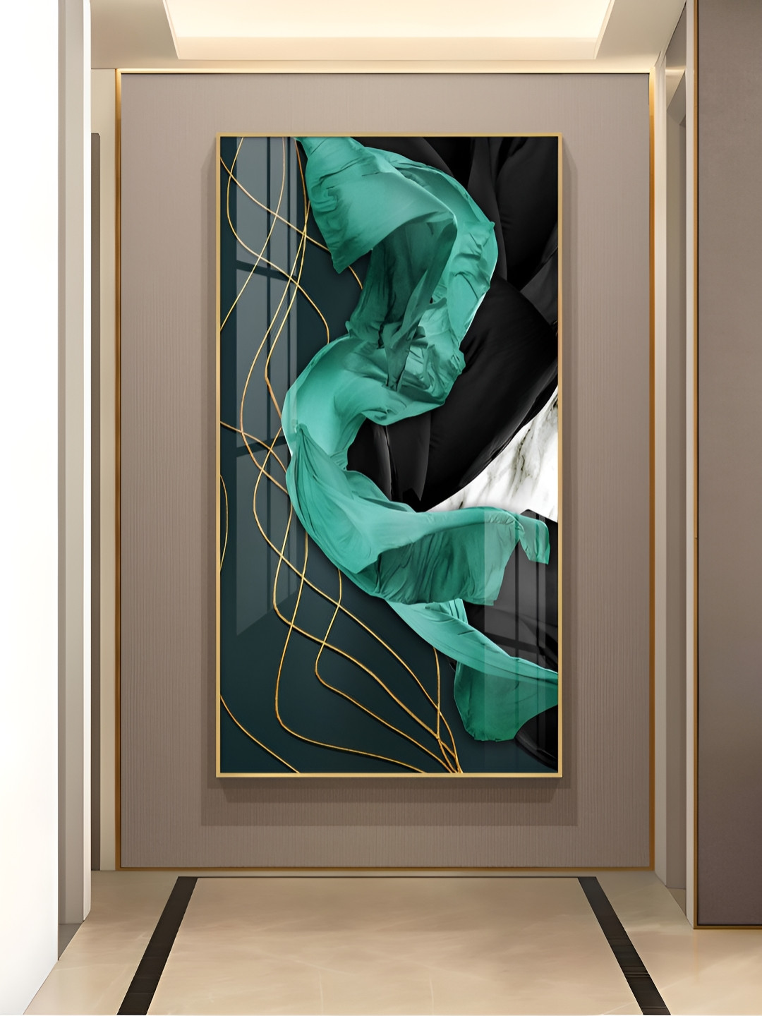 THE NEXT DECOR Green Emerald Elegance Glass Finish Vertical Wall Art