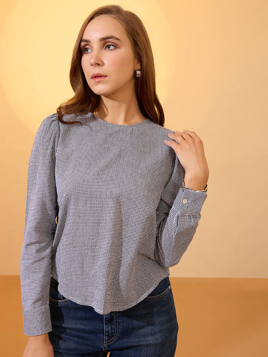 Globus Checkered Back Button Detailing Cuffed Sleeves Curved Hem Shirt Style Top