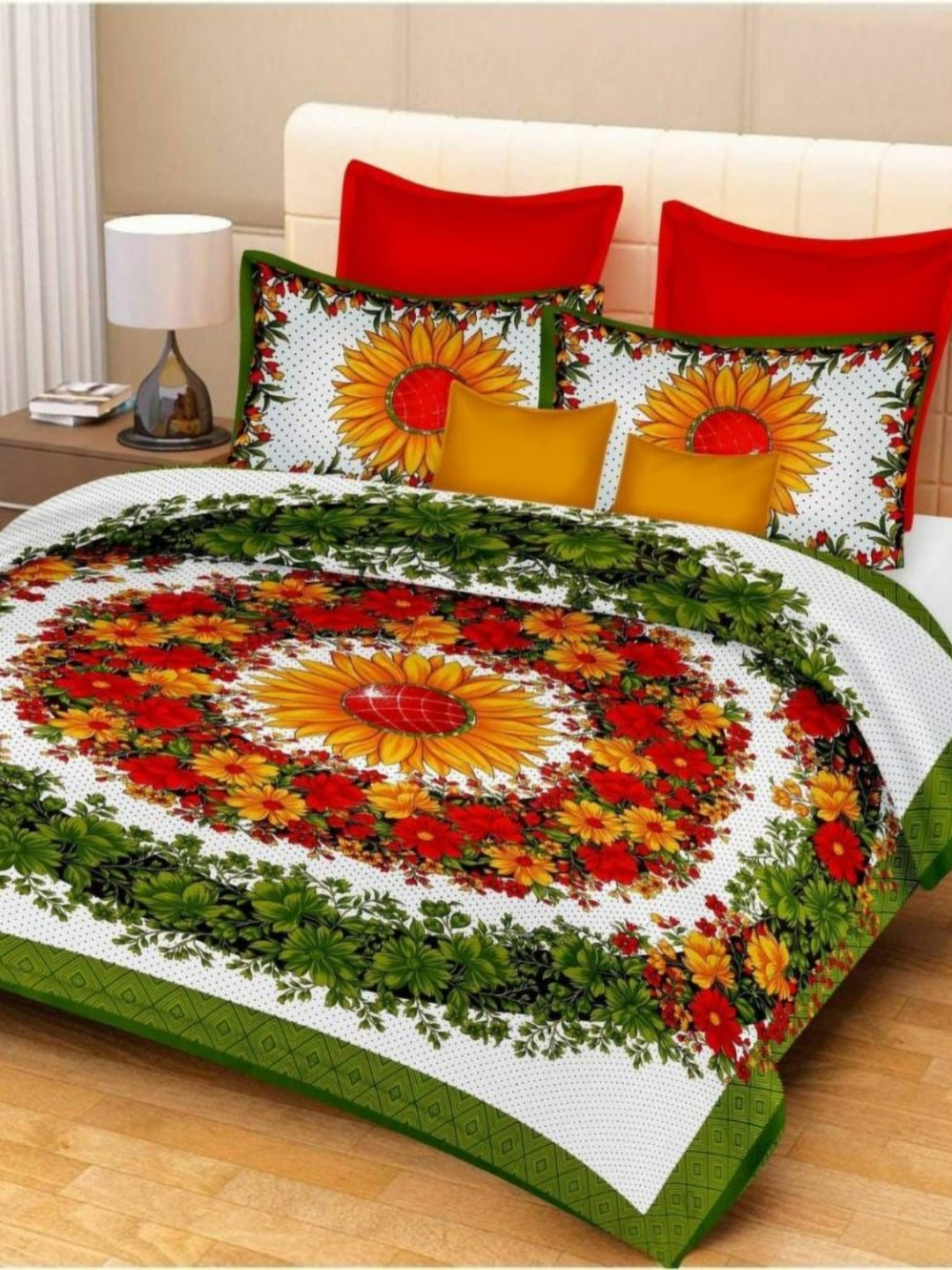 Nanki's Jaipuri Green Floral Pure Cotton 120 TC Queen Bedsheet with 2 Pillow Covers-100 x 92 inches