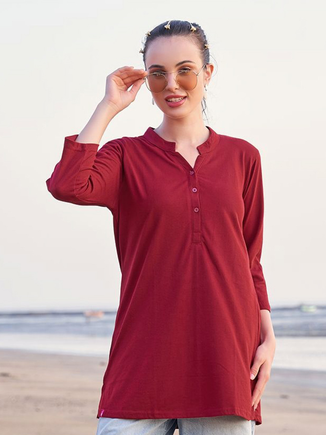 TITTLI Women Solid Mandarin Collar Pure Cotton T-shirt