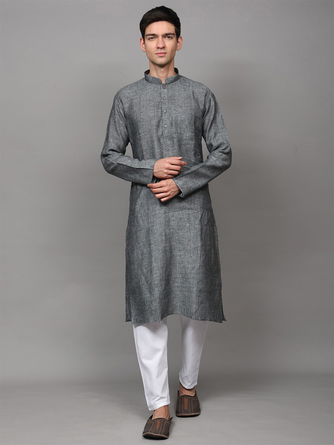 Exotic India Men Regular Plain Pure Linen Mandarin Collar Kurta with White Pajama Set