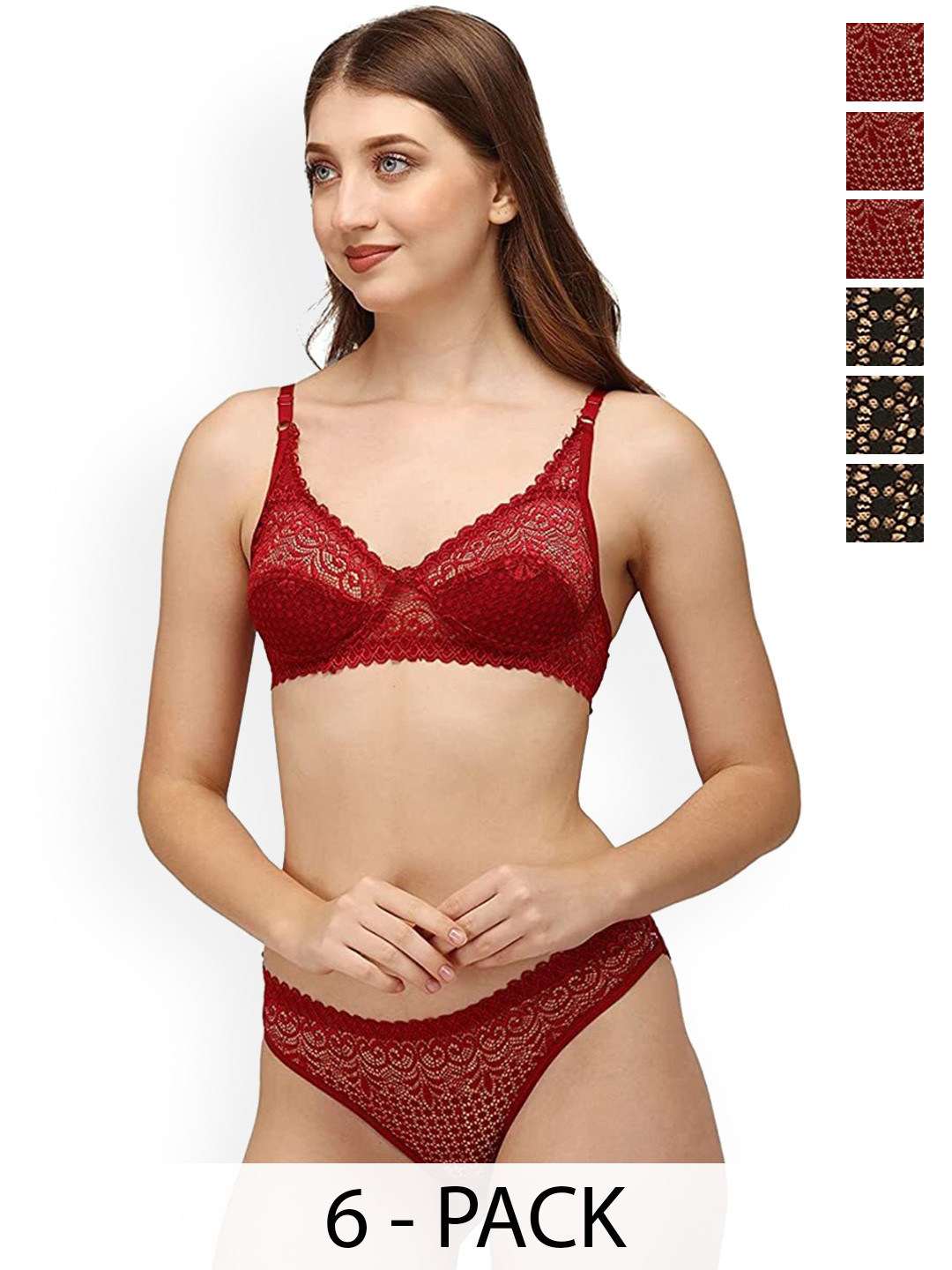 DHANDAI FASHION 6-Pcs Self Design Lingerie Sets Decent Set-Maroon Black (M-1-6P)