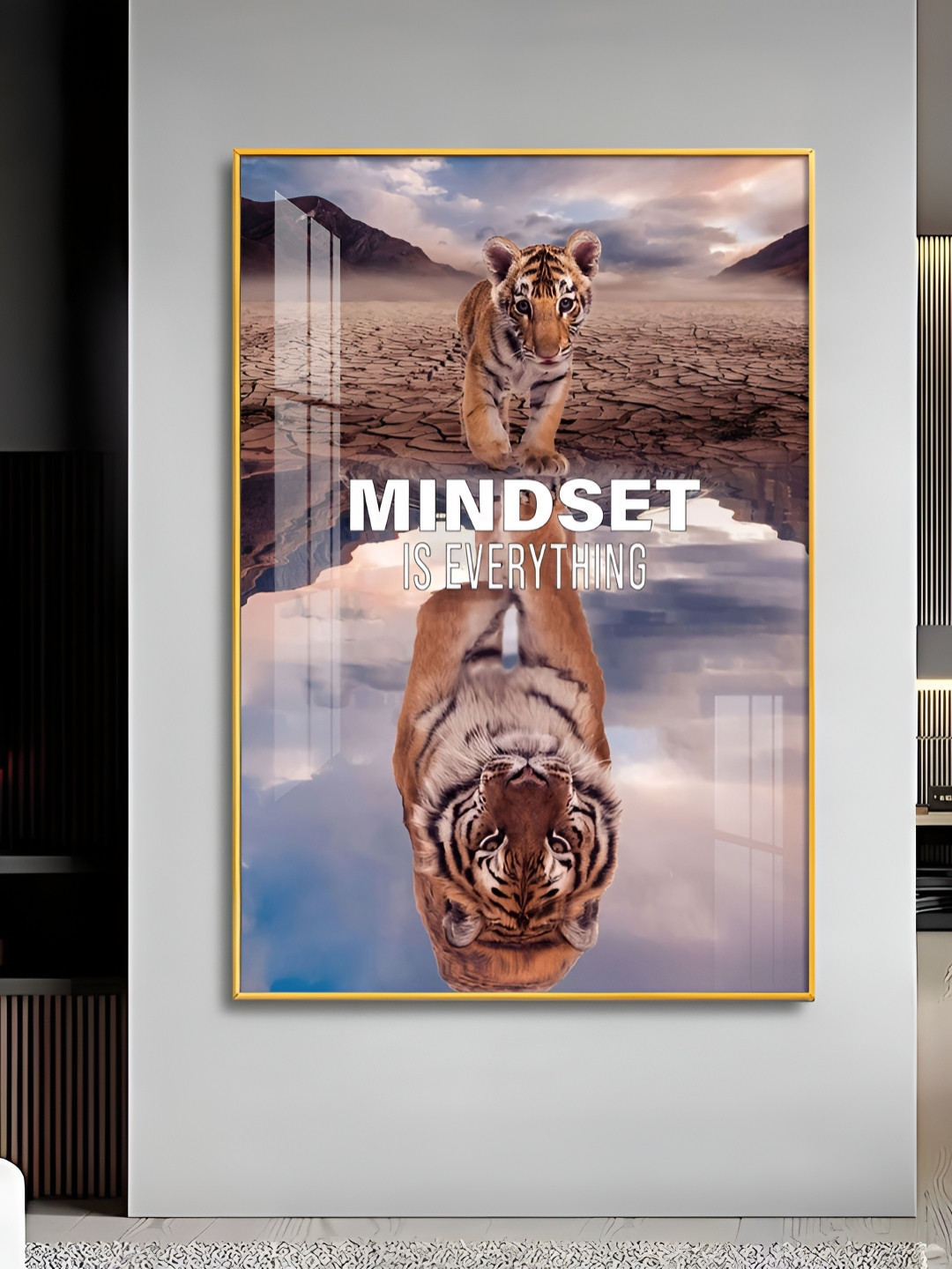 THE NEXT DECOR Gold & Blue Mindset Mastery Glass Finish Vertical Wall Art