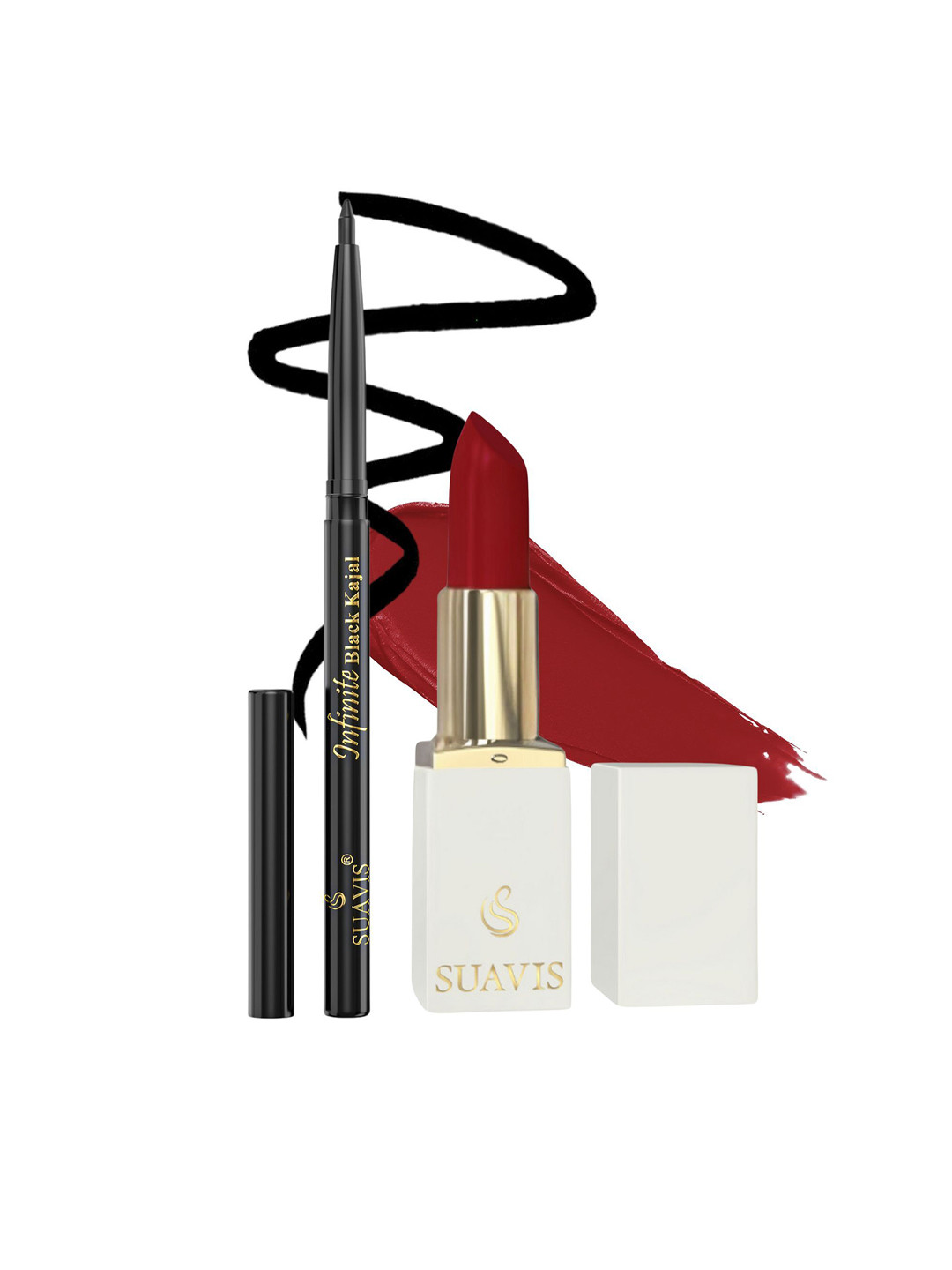 SUAVIS Set Of 2 Long Lasting Lipstick Rose-Splash - 108 & Kajal Black - 401