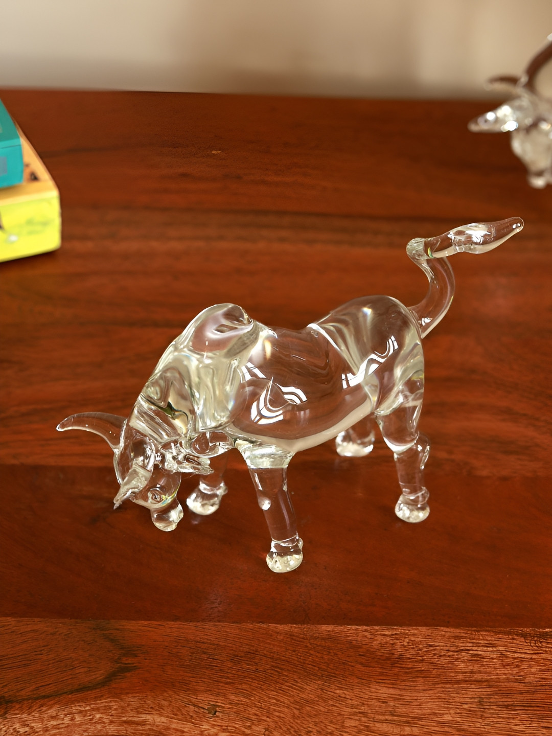 Unravel India Bull Transparent Glass Glossy Living Room Small Showpiece - 3.5 Inches