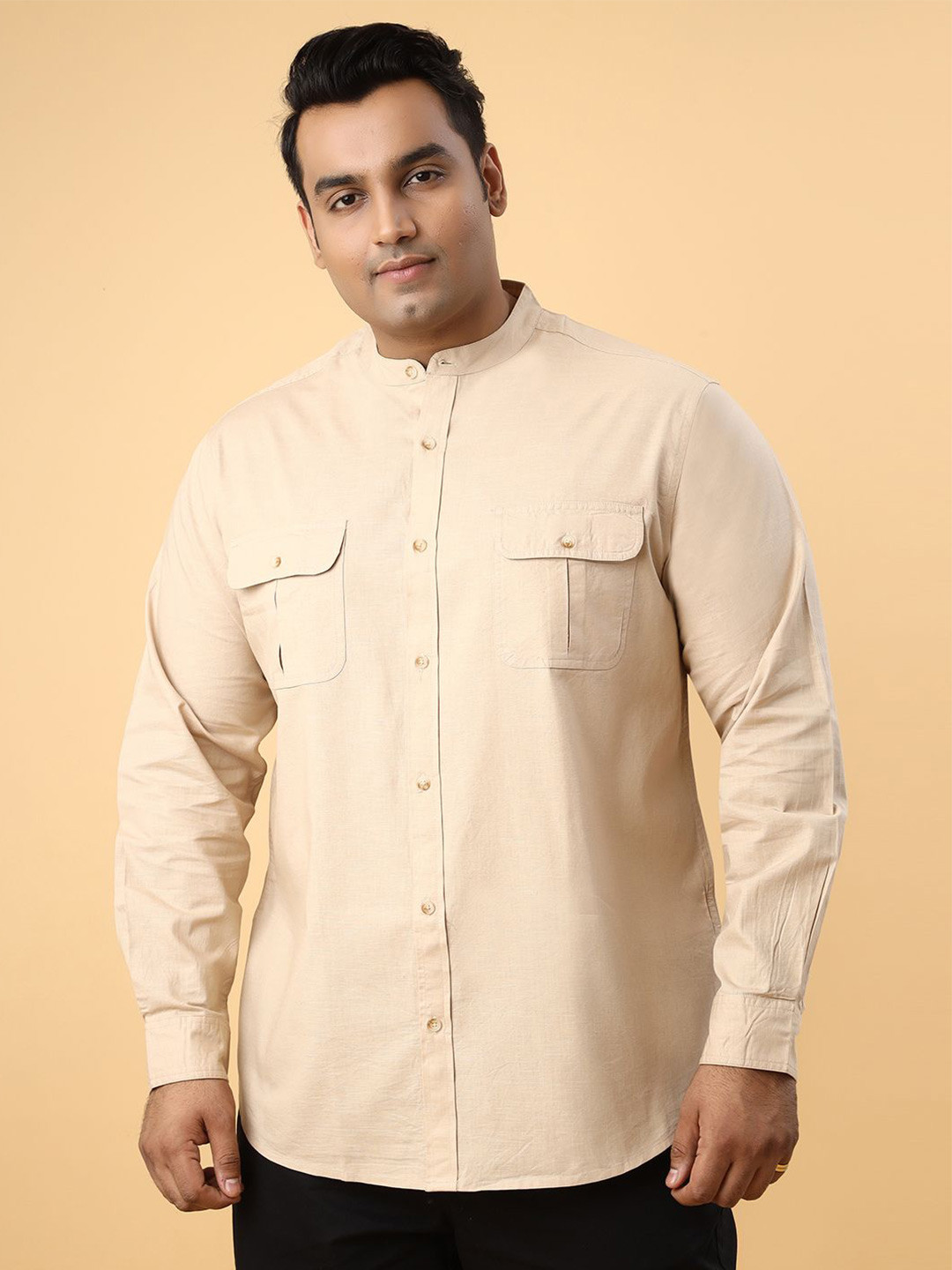 Men Plus Size Solid Band Collar Cotton Linen Casual Shirt