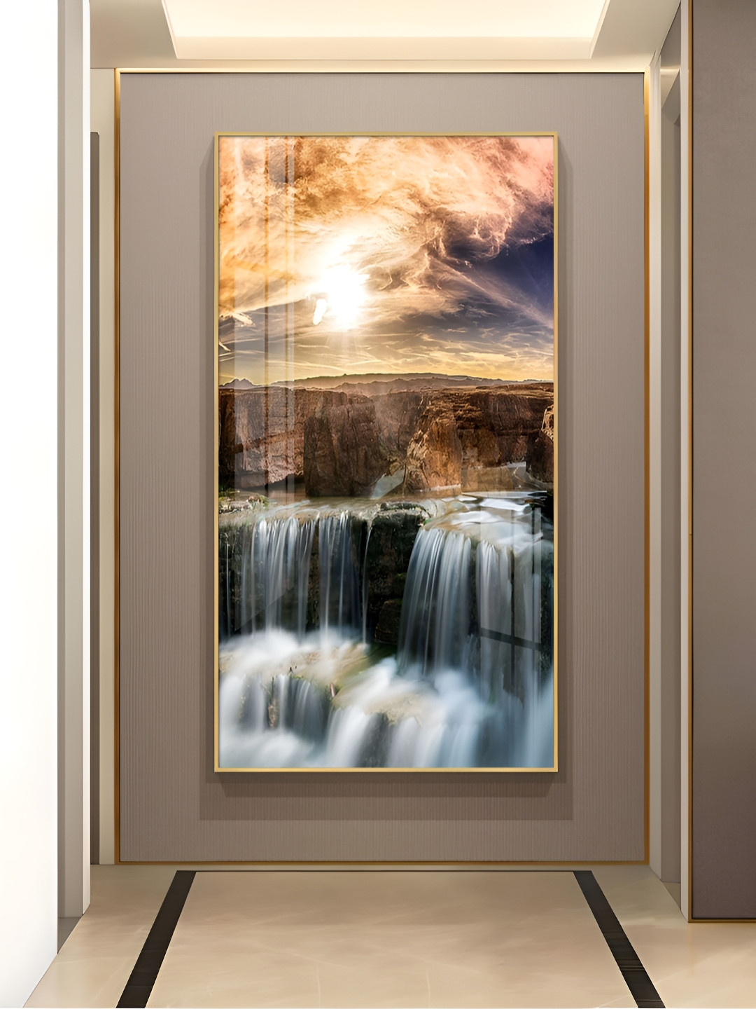 THE NEXT DECOR Dusk Over the Falls Glass Finish Vertical Wall Art