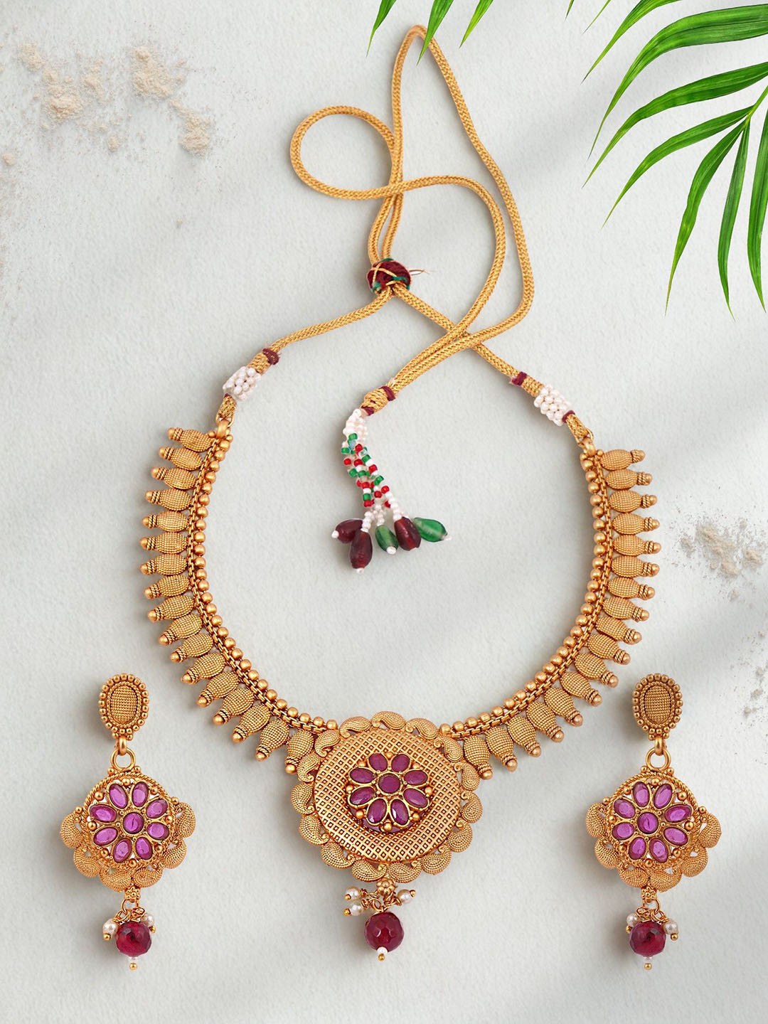 Adwitiya Collection Gold Plated Traditional Stone-Studded Jewellery Set