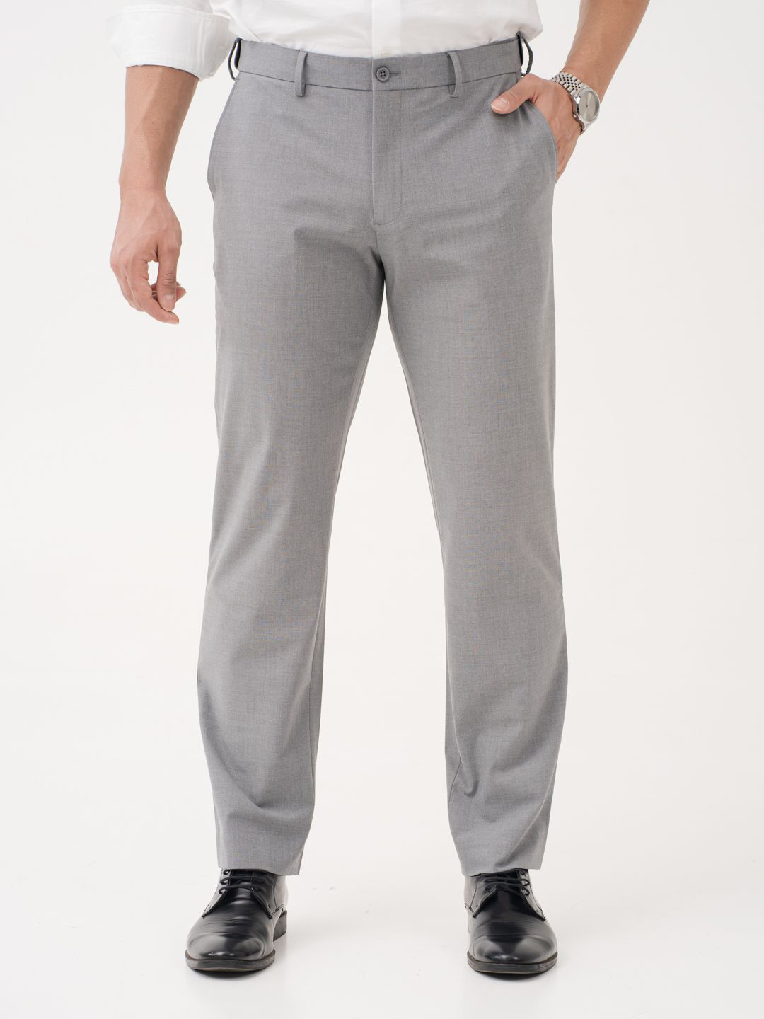 The Pant Project Men Effortless Grey Solid Relaxed Fit Wrinkle-Resistant Formal Trousers with Stretchable Waistband