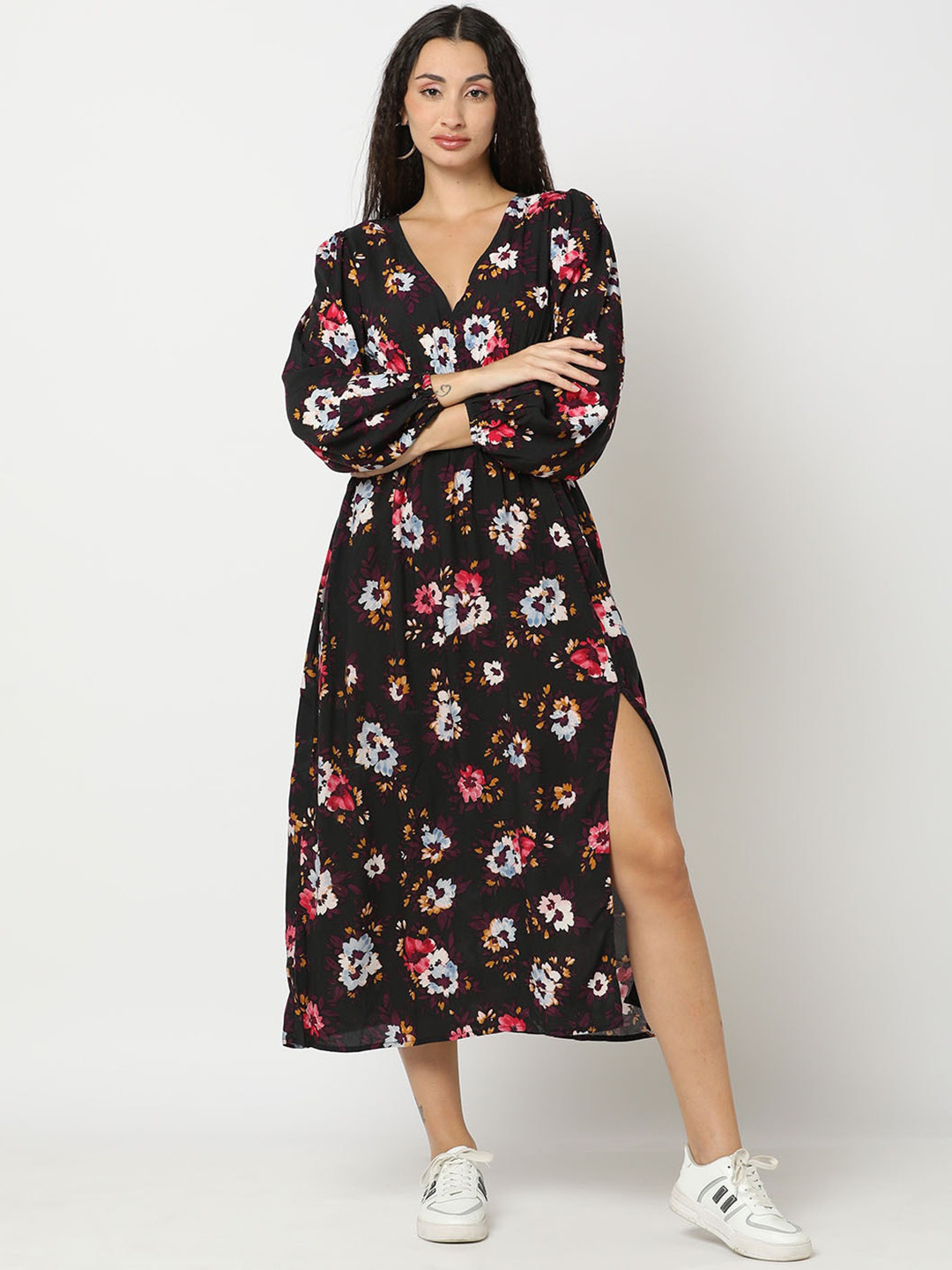 GAP Floral Print Smocked Detail V-Neck Cuffed Sleeves Midi A-Line Dress with Side Slit