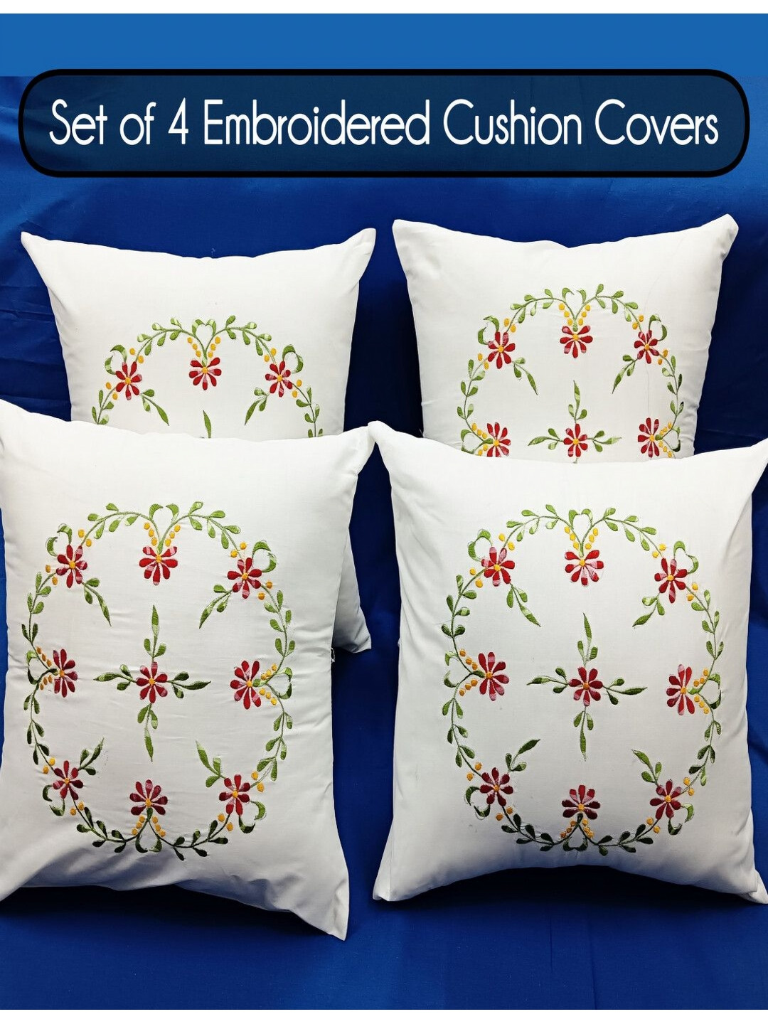 Arsha Chikannkari Embroidered Cotton Breathable 4 Pcs Cushion Covers - 16 x 16 Inches