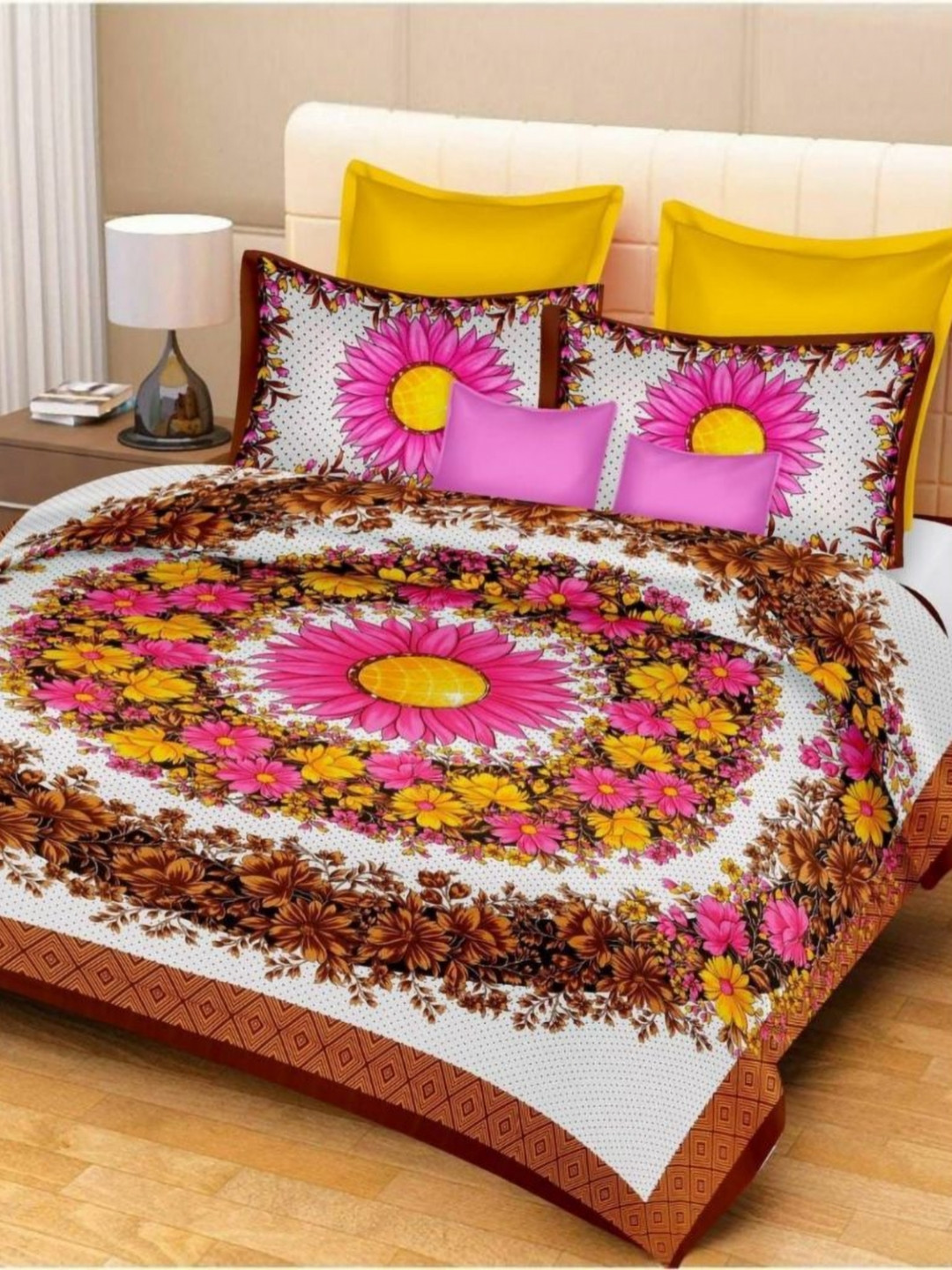 Nanki's Jaipuri Brown Floral Pure Cotton 120 TC Queen Bedsheet with 2 Pillow Covers-100 x 92 inches
