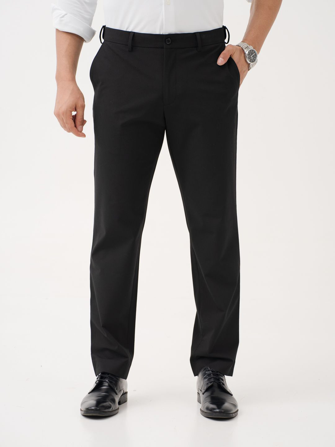 The Pant Project Men Everyday Black Solid Relaxed Fit Stretch Formal Pant Relaxed Fit Wrinkle-Resistant Formal Trousers with Stretchable Waistband