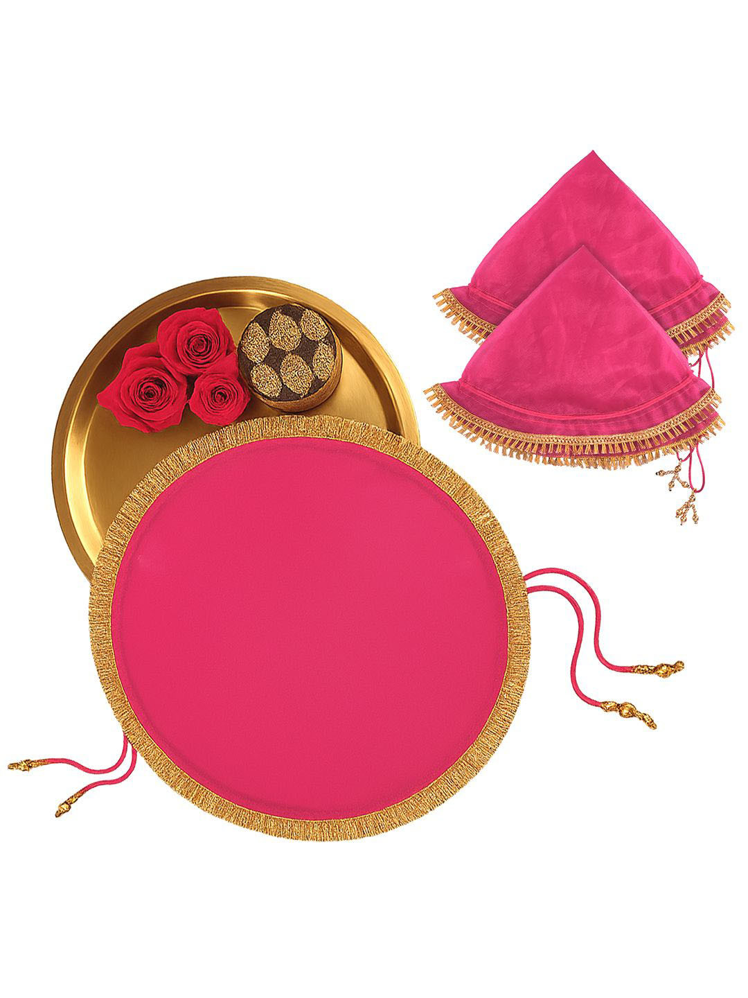 Kuber Industries 3Pcs Pink  Shagun Pooja Thalposh Organza Cover Cloth Potli