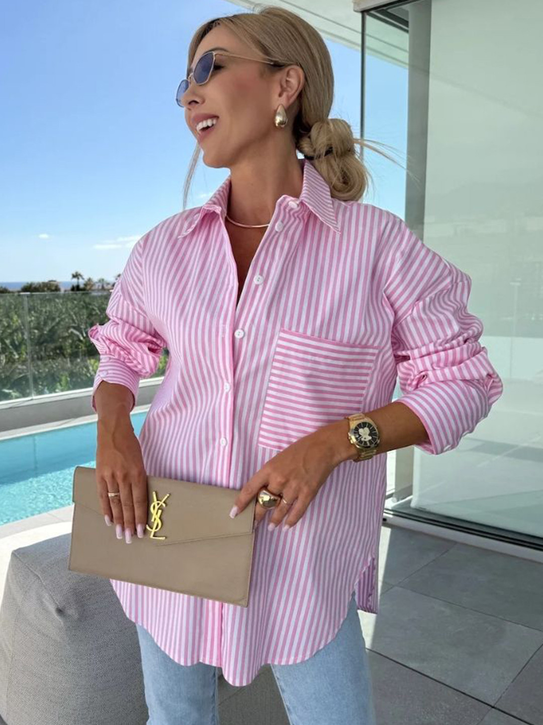 bebe Pink Striped Collared Oversized Button Up Shirt